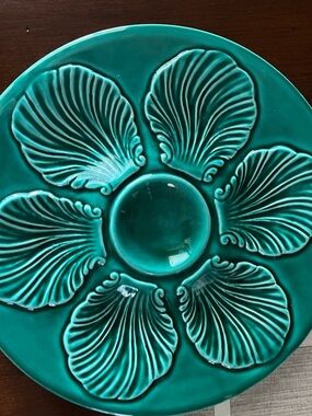 Teal Oyster Ceramic Floral Serving Plate from France